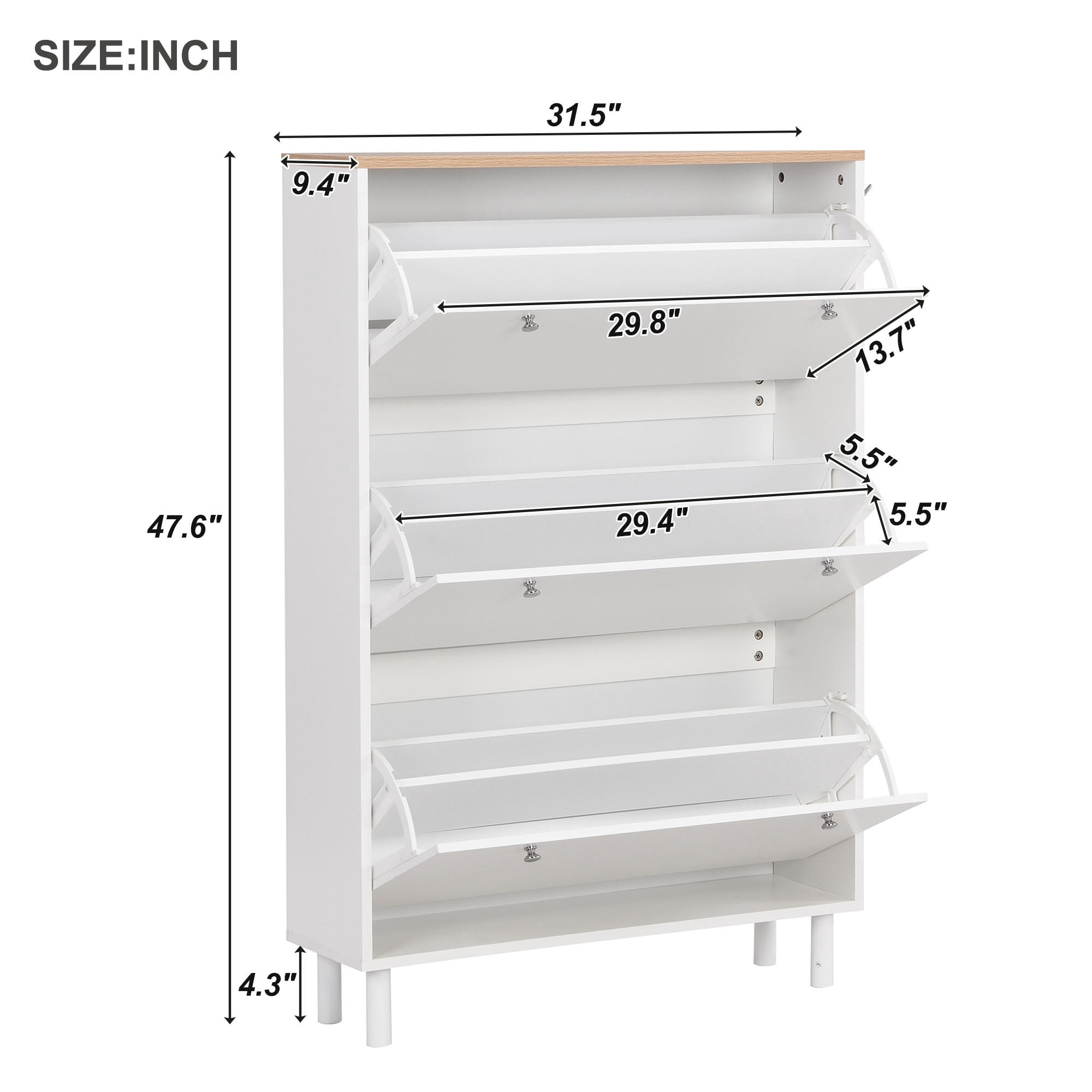 Leumius Narrow Shoe Cabinet with 3 Flip Drawers Adjustable Entryway Organizer with 3 Hooks, 47.6 inch x 31.5 inch