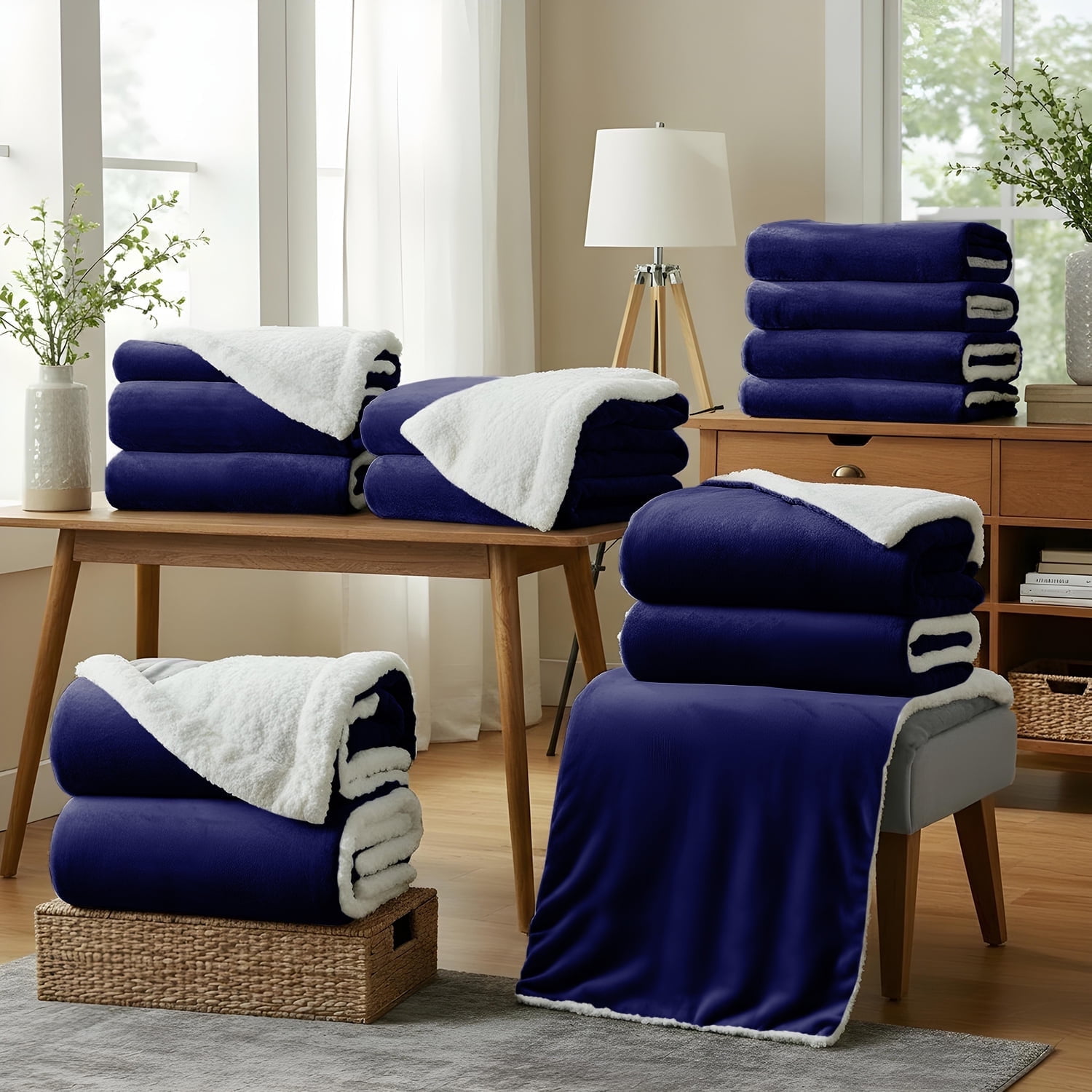 Moonlight20015 Wholesale Sherpa Fleece Throw Blankets 12-Packs Warm & Soft Plush Twin Size for Charity, Shelter, & Home Washable, Lightweight & Cozy Navy Blue
