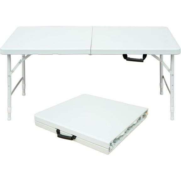 SculPong 4 FT Folding Table with Carry Handle, Portable Fold-in-Half Plastic Table, Rectangle Foldable Table for Indoor/Outdoor White