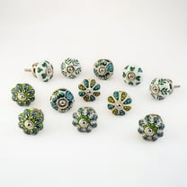 Perilla Home Set of 12 Mix Green Floral Printed Knobs Pull and Push for Handles Cabinet Door Interior Decorative Knobs for Home Kitchen Cupboard Bedroom Dresser Wardrobe Drawer Pulls