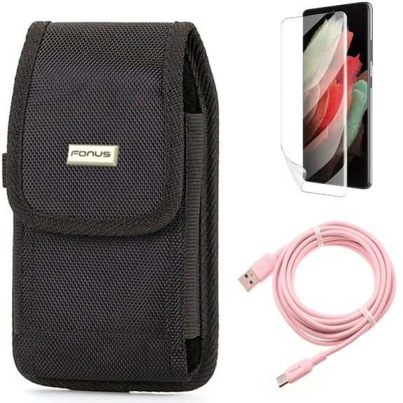 Matte Screen Protector & 10ft Long USB-C Cable & Case Belt Clip for Samsung Galaxy S22 Plus (S22 ) - Combo TPU Film Anti-Glare & Pink Charger Cord Power Wire & Rugged Holster