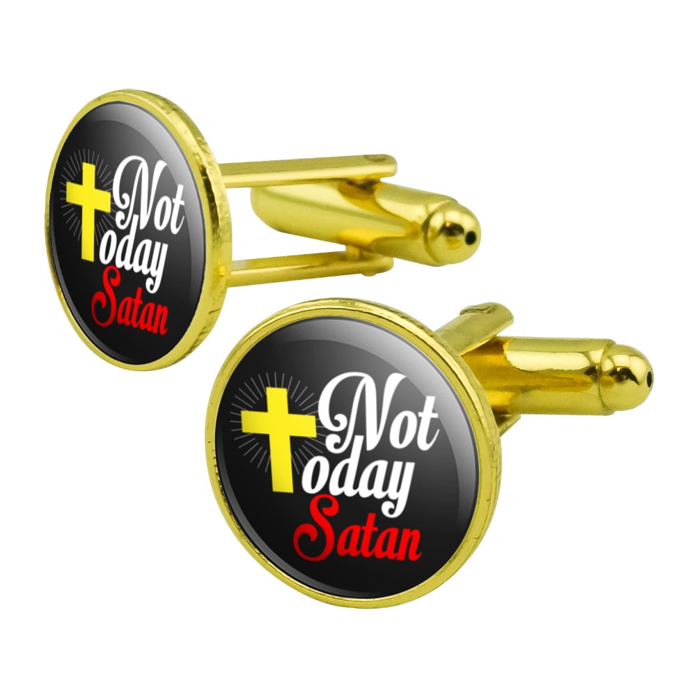 Not Today Satan Cross Christian Religious Round Cufflink Set Gold Color