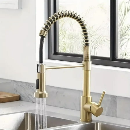 Brushed Gold Kitchen Faucet with Pull Down Sprayer Single Handle Spring Faucet