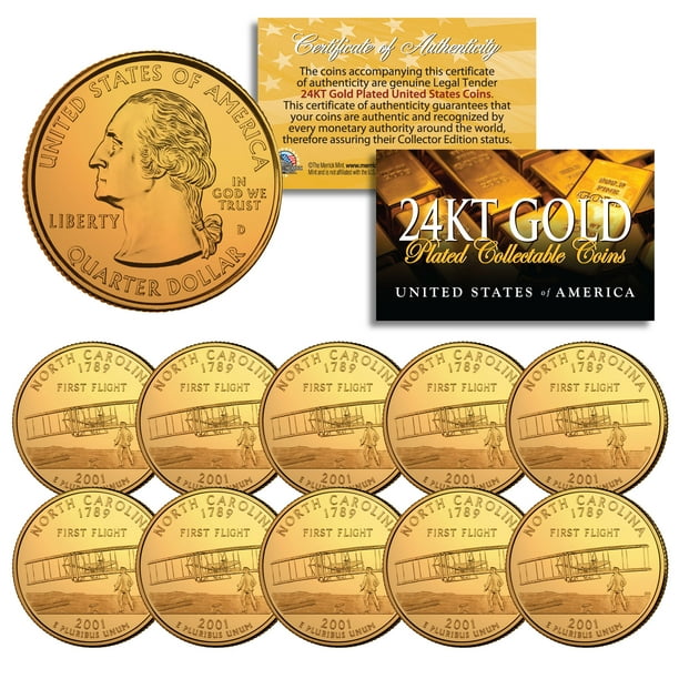 2001 North Carolina State Quarters US Mint BU Coins 24K GOLD PLATED (LOT of 10)