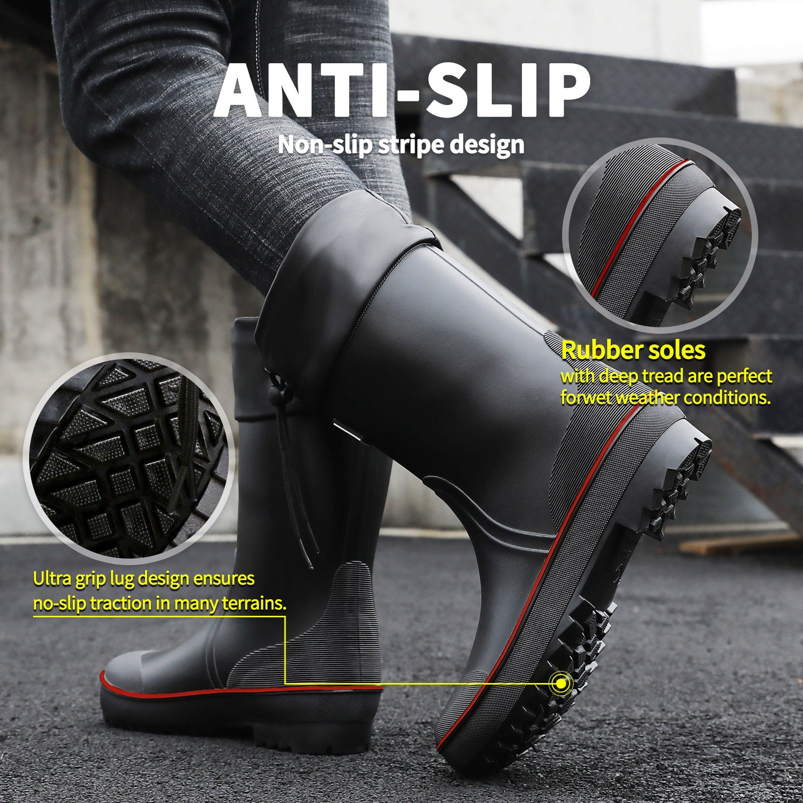 Lcamaw Rubber Rain Boots for Men, Waterproof Men’s Deck Boots with Adjustable Closure, Comfort Lightweight Work Mud Boots, Anti-Slip Mid-Calf Fishing Boots for Farming Gardening Hiking Outdoor