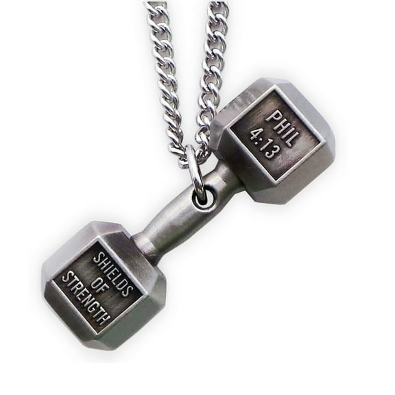 Men's Antique Finish JUMBO Dumbbell Necklace-Phil 4:13-"PAT"NO.D710,241