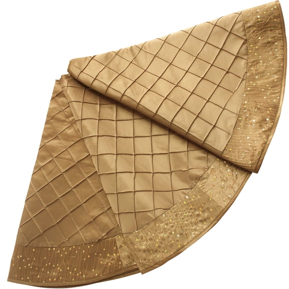36"/50" Handcraft Pintuck Faux Silk with Sparkle Glitter Border Christmas Tree Skirt in Gold