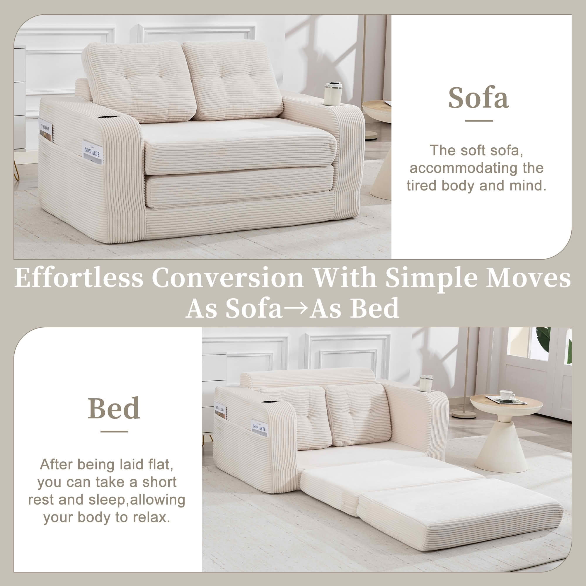 MAYEERTY 2-in-1 Convertible Expandable Sofa Bed, Fold Out Corduroy Floor Couch with Pillows, Side Pockets & Cup Holders for Bedroom Small Living Room