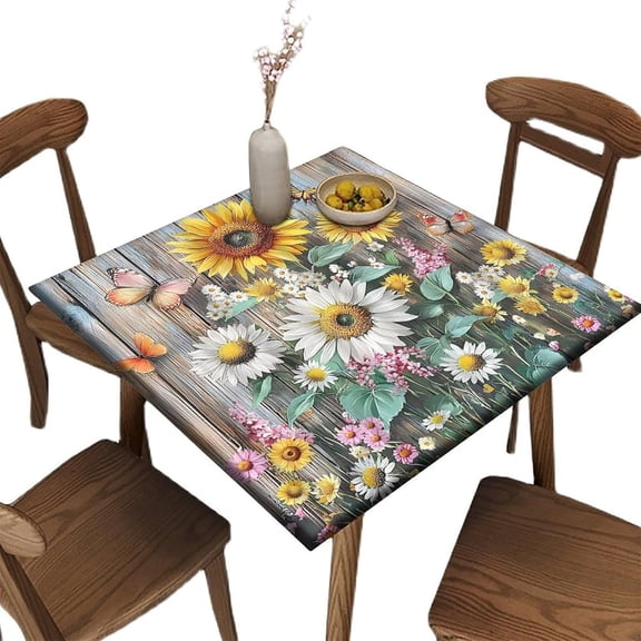 Rustic Sunflower Elastic Edged Fitted Table Cover, Butterfly Daisy Vintage Spring Flowers Square Fitted Table Cloths, for Indoor Holiday Family Banquet and Outdoor Patio Use, Fits To 36 x 36 In Table