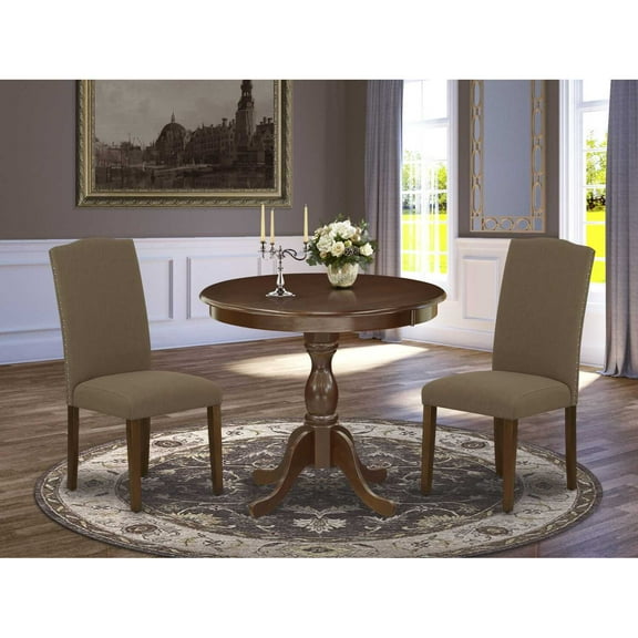 East West Furniture AMEN3-MAH-18 3 Piece Dining Table Set - 1 Pedestal Table and 2 Dark Coffee Dining Chairs - Mahogany Finish