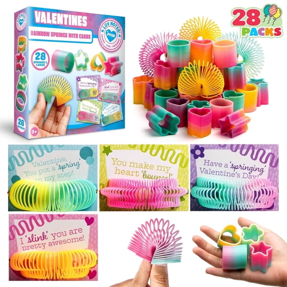 Joyfy 28 Packs Valentines Day Cards with Rainbow Springs Toys, Stress Relieve Fidget Toys for Kids Class Valentines Games Favors