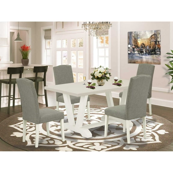 East West Furniture 5-Pc Dining Set Included 4 Dining chairs Upholstered Nails Head Seat and Stylish Chair Back and Rectangular Dining room Table with Linen White Kitchen Dining Table Top - Linen...