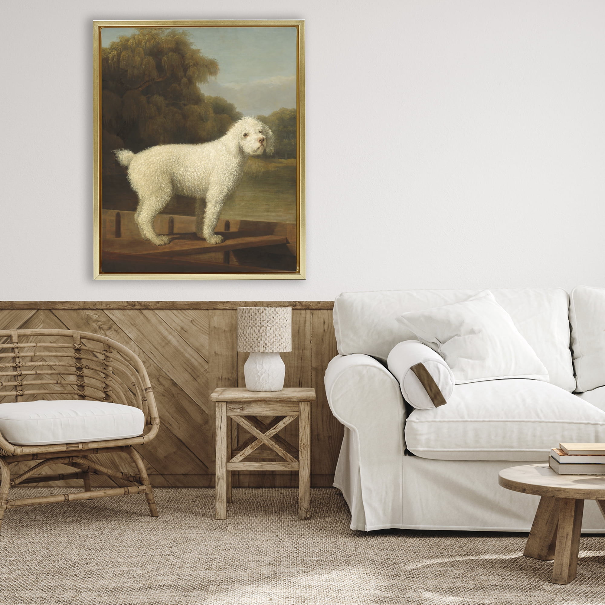 Stupell Industries White Poodle in a Punt Gold Framed Floater Canvas Wall Art, design by Tina LeCour