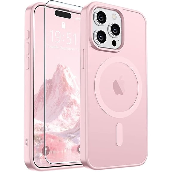 Eryueer Magnetic for iPhone 15 Pro Case with Screen Protector Translucent Matte Shockproof Phone Cover,Light Pink