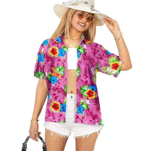 HAPPY BAY Women's Button Down Blouses Summer Beach Party Blouse Shirt Dressy Blouses Short Sleeve Vacation Shirts Hawaiian T Shirts for Women M Blossom Leaf, Pink