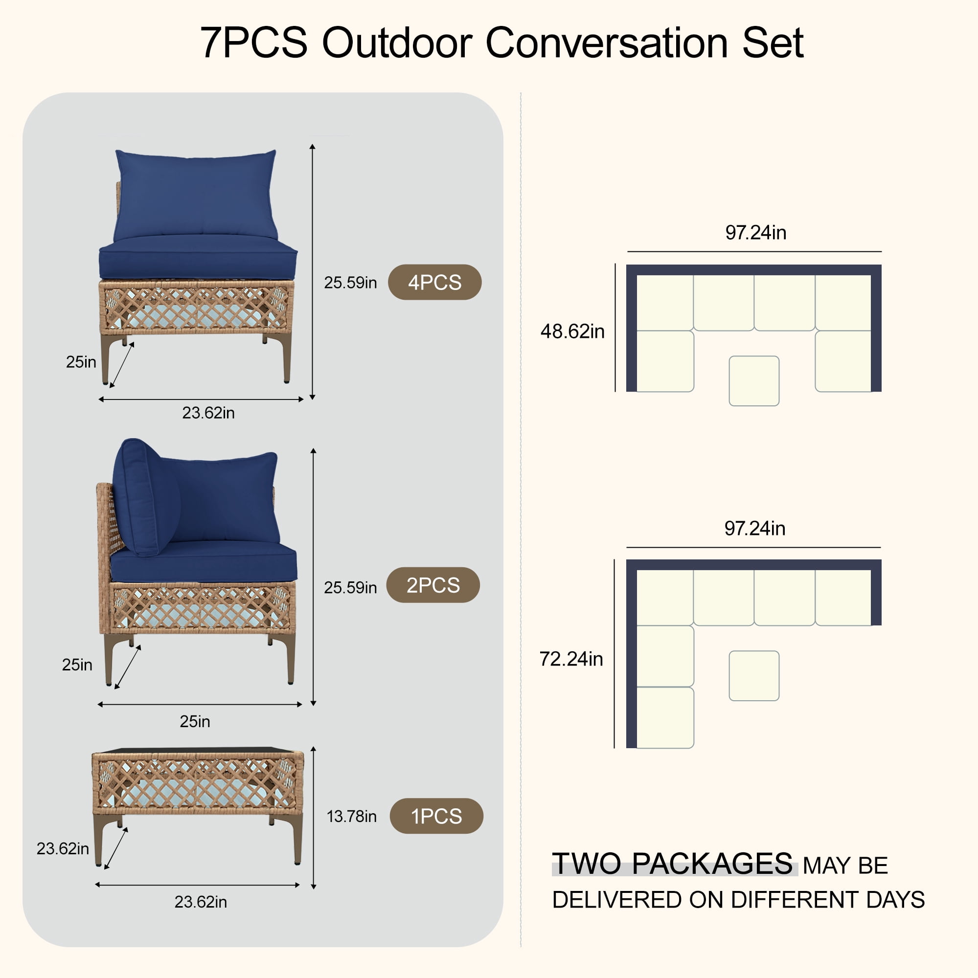 MaagorVita 7Pcs Outdoor Patio Furniture Set, Modular Outdoor Sectional, Modern Rattan Wicker Sofa Set with Coffee Table and Washable Thick Cushions, Blue Cushion