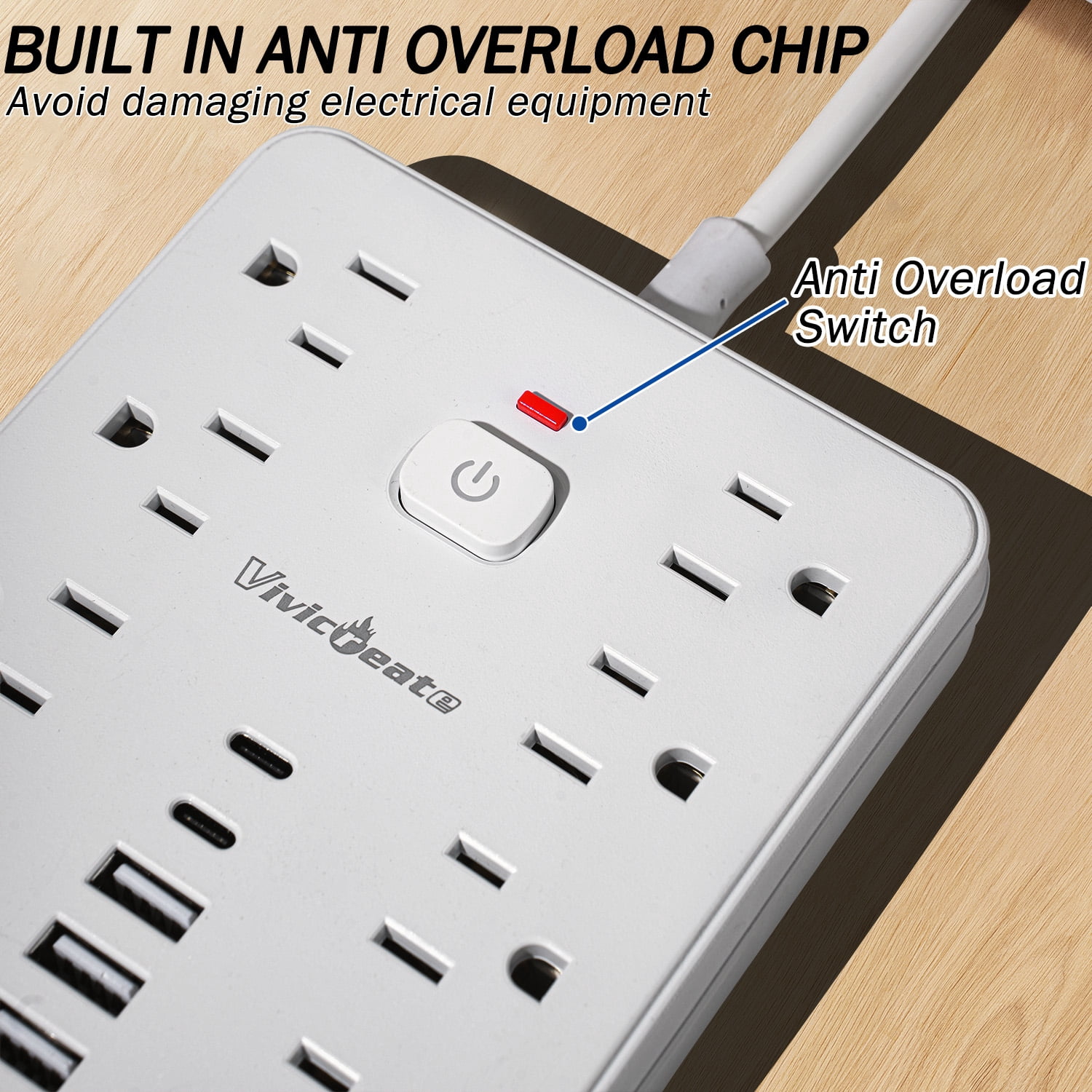 Vivicreate 15-in-1 Power Strip with 10 AC Outlets, 4 USB-A & 2 USB-C Ports, Ultra Flat Plug Surge Protector, 0.9m Extension Cord, Wall Mount Charging Station for Home, Office & Travel