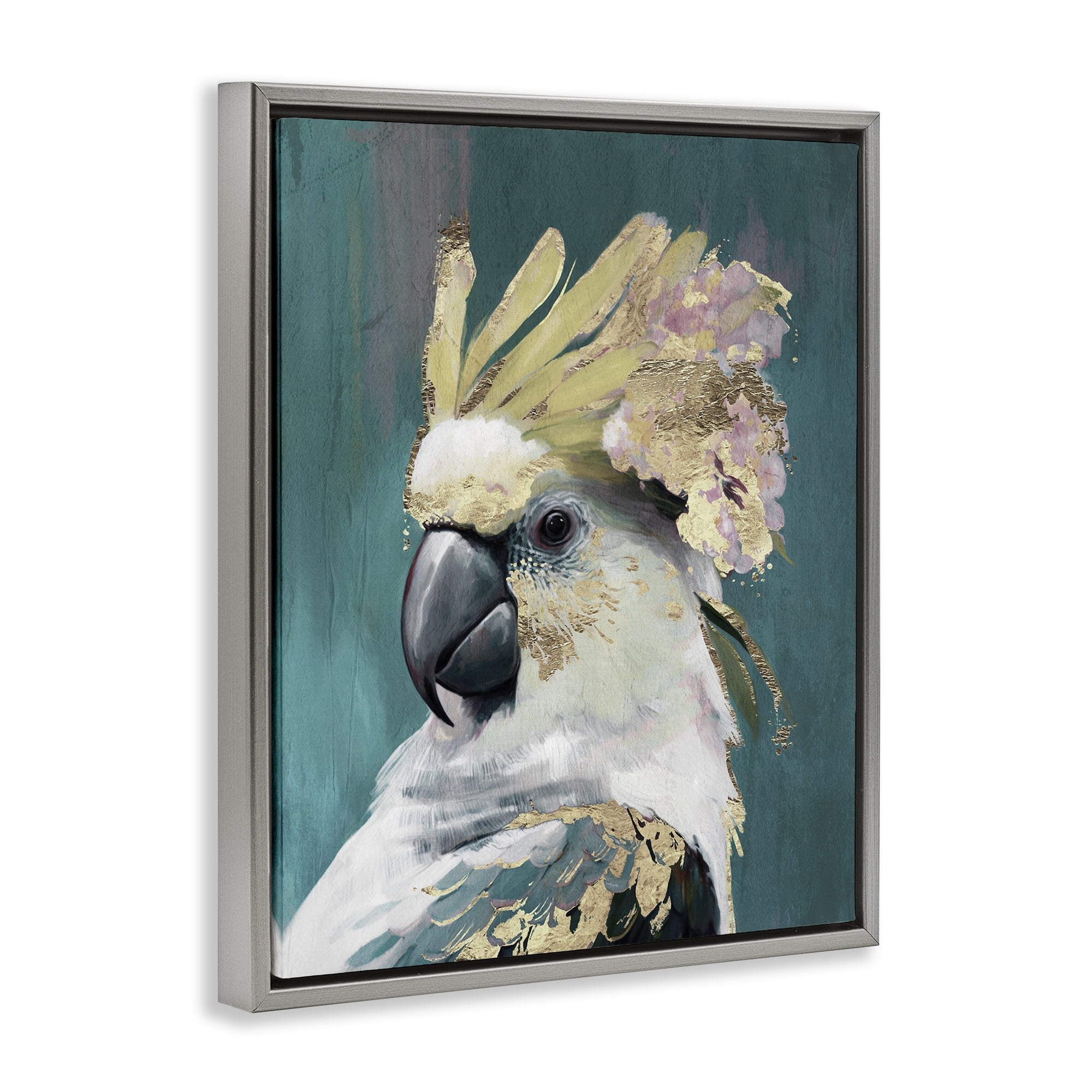 Stupell Industries Cockatoo with Gold Accents Animals Painting Gray Floater Framed Canvas Art Print Wall Art, 25 x 31