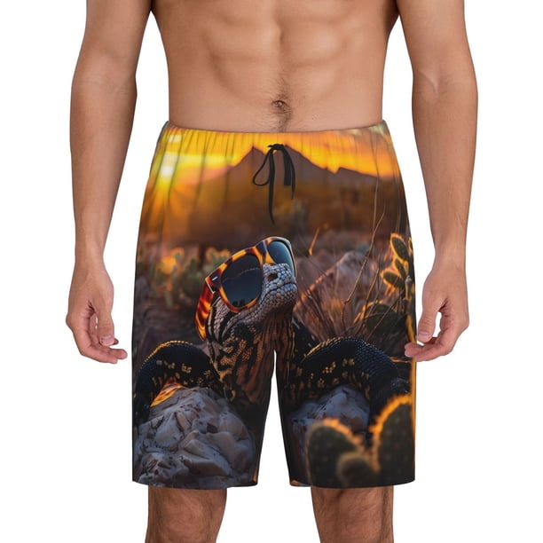 Fotbe Lizard With Sunglasses Sunset Pantalones Cortos de Pijama para Hombre, Ropa de Dormir, Pantalones de Pijama Cortos para Hombre-X-Large