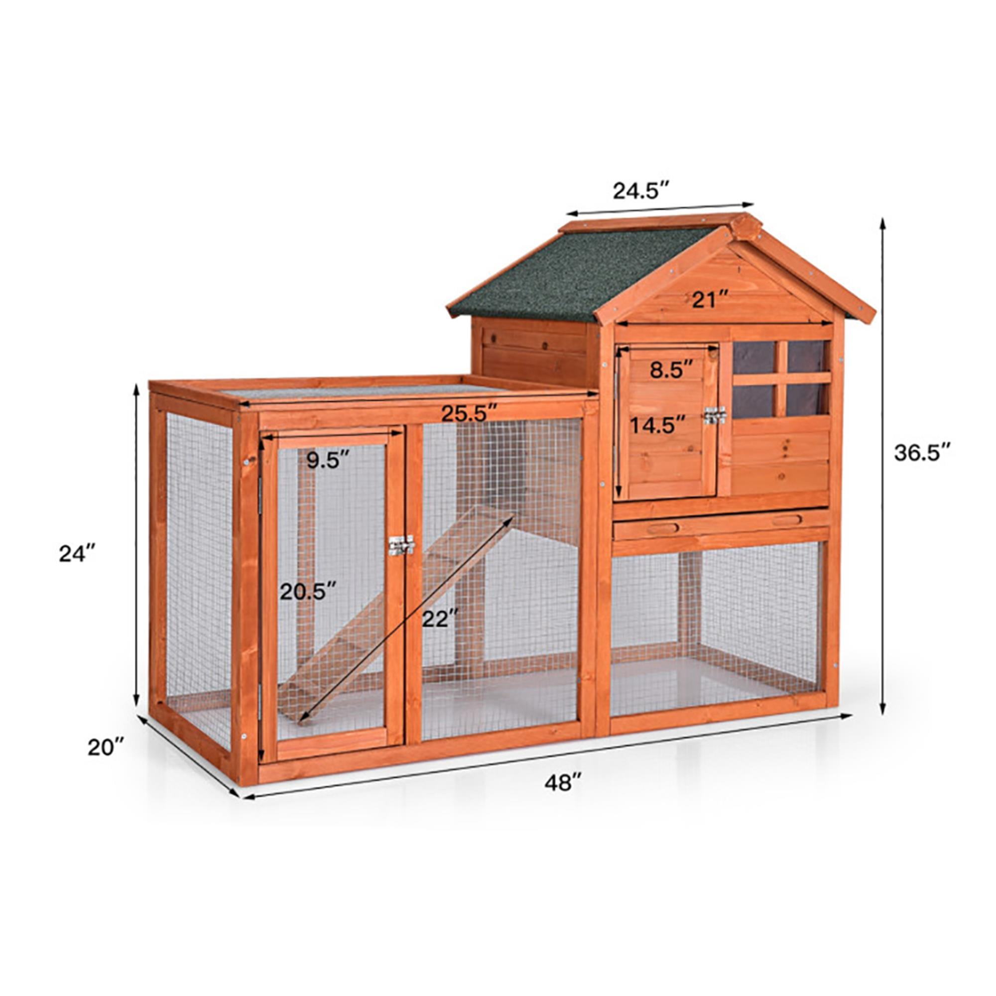 Kadyn 48" Wood 2 Tier Chicken Coop Habitat, Rabbit Hutch for Outdoors, Indoor Guinea Pig Coop Pet House with Stairs, Orange