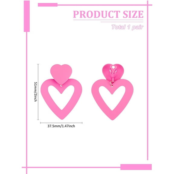 1set 1 Pair Hollow Heart Acrylic Dangle Clip-on Earrings for Women Fuchsia 51x37.5mm