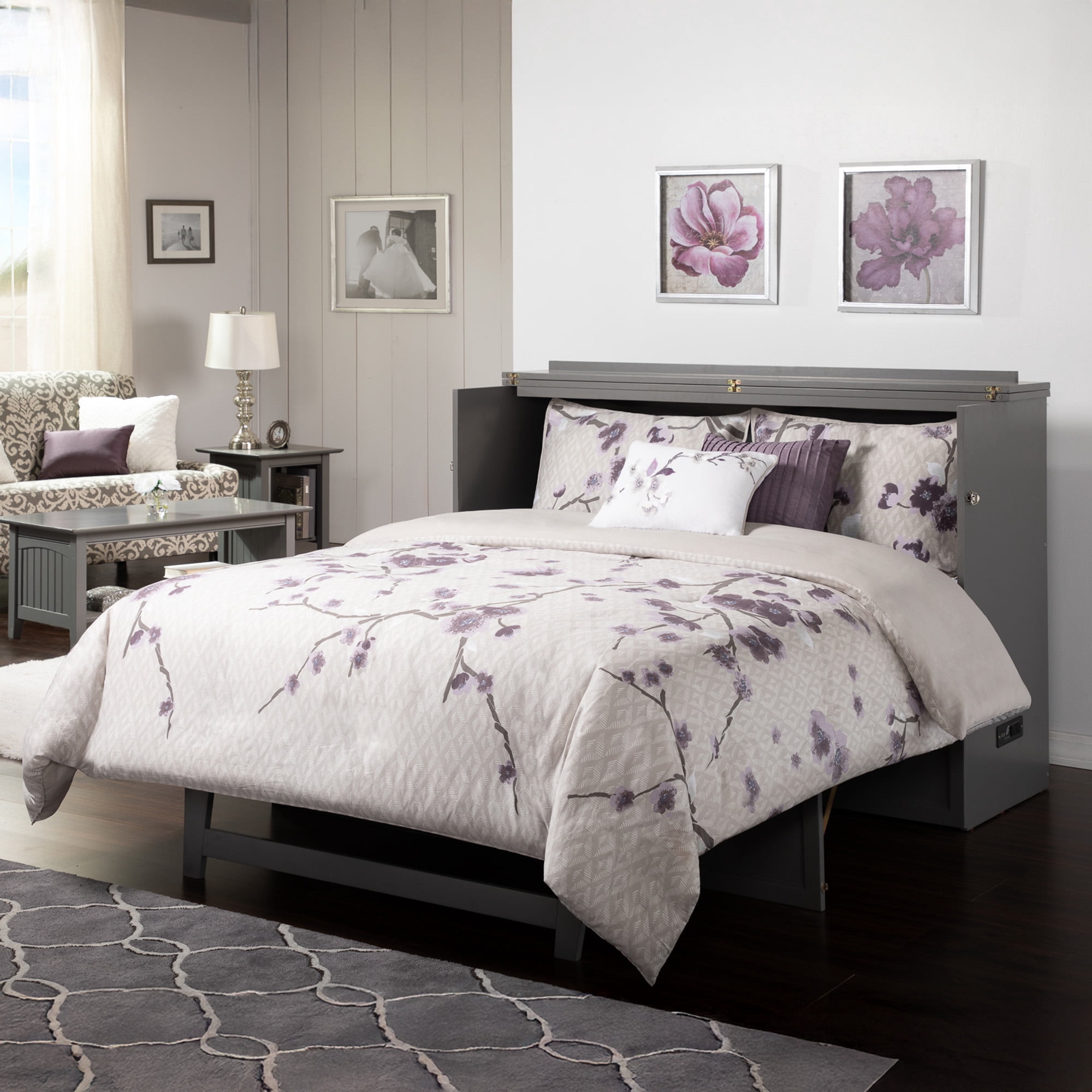 AFI Deerfield Queen Solid Wood Murphy Bed Chest with Mattress, Drawer & Charger in Gray