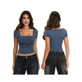 thumbnail image 3 of Michellecmm  Women's Ruched Cropped Tops Solid Short Sleeve Square Neck T-Shirt, 3 of 9
