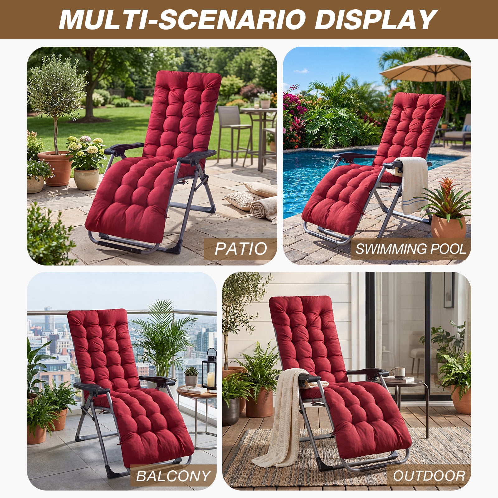 YEERSWAG 67x21x3 inch Outdoor Chaise Lounge Cushions, Non Slip Lounge Chaise Cushion High Back Indoor Rocking Chair Padded with Ties, Red