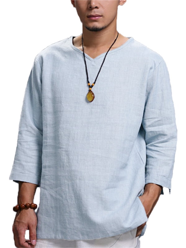 Men's Vintage V Neck 3/4 Sleeve Cotton Linen Casual Loose T Shirt Tops