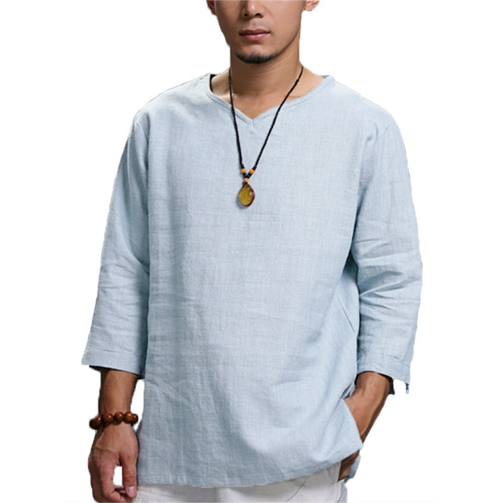 MTONY LLC - Men's Vintage V Neck 3/4 Sleeve Cotton Linen Casual Loose T ...