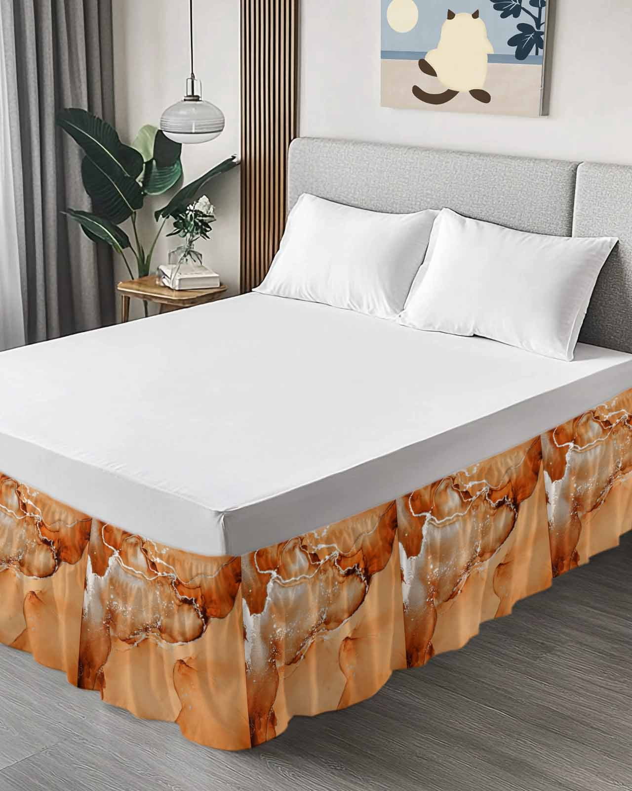 Burnt Orange Abstract Bed Skirt California King Size 18" Drop Silver Marble Ripples Luxury Fluid Art Ruffled Wrap Around Bed Skirts Adjustable Elastic Bedskirt Dust Ruffle for California King Beds
