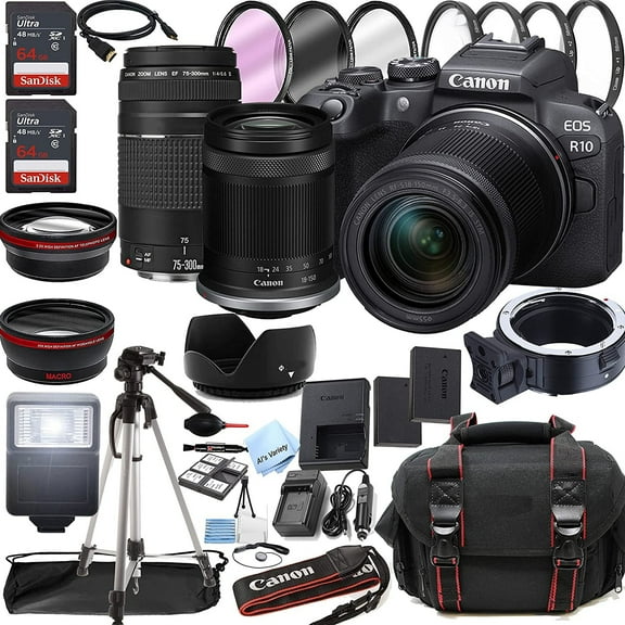 Canon EOS R10 Mirrorless Digital Camera with RF-S 18-150mm f/3.5-6.3 is STM Lens   75-300mm F/4-5.6 III Lens   128GB Memory   Case   Tripod   Filters 40pc Bundle (International Version)