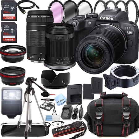 Canon EOS R10 Mirrorless Digital Camera with RF-S 18-150mm f/3.5-6.3 is STM Lens + 75-300mm F/4-5.6 III Lens + 128GB Memory + Case + Tripod + Filters 40pc Bundle