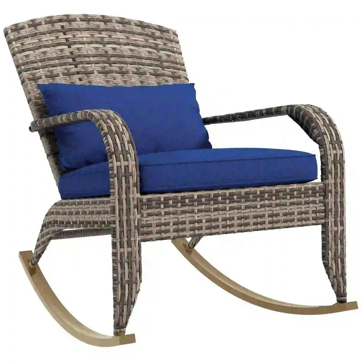 Yardi Yarda Adirondack Chair with High Back and Seat Cushion, Outdoor Wicker Rocking Chair with Pillow, Dark Blue
