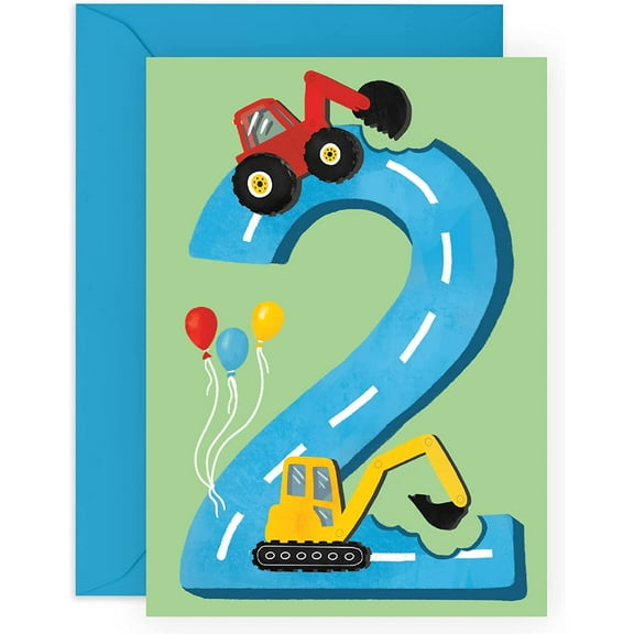 Second Birthday Card for Boys - Happy 2nd Birthday - Age 2 - Two Year Old - Tractors Greeting Card - Fun Construction Vehicle Themed Card for Kids - Son, Grandson, Toddler
