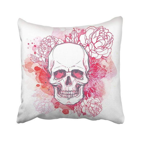 BOSDECO Floral Human Skull with Peony Rose and Poppy Flowers on Watercolor Tattoo Religion Death Pillowcase 18x18 inch