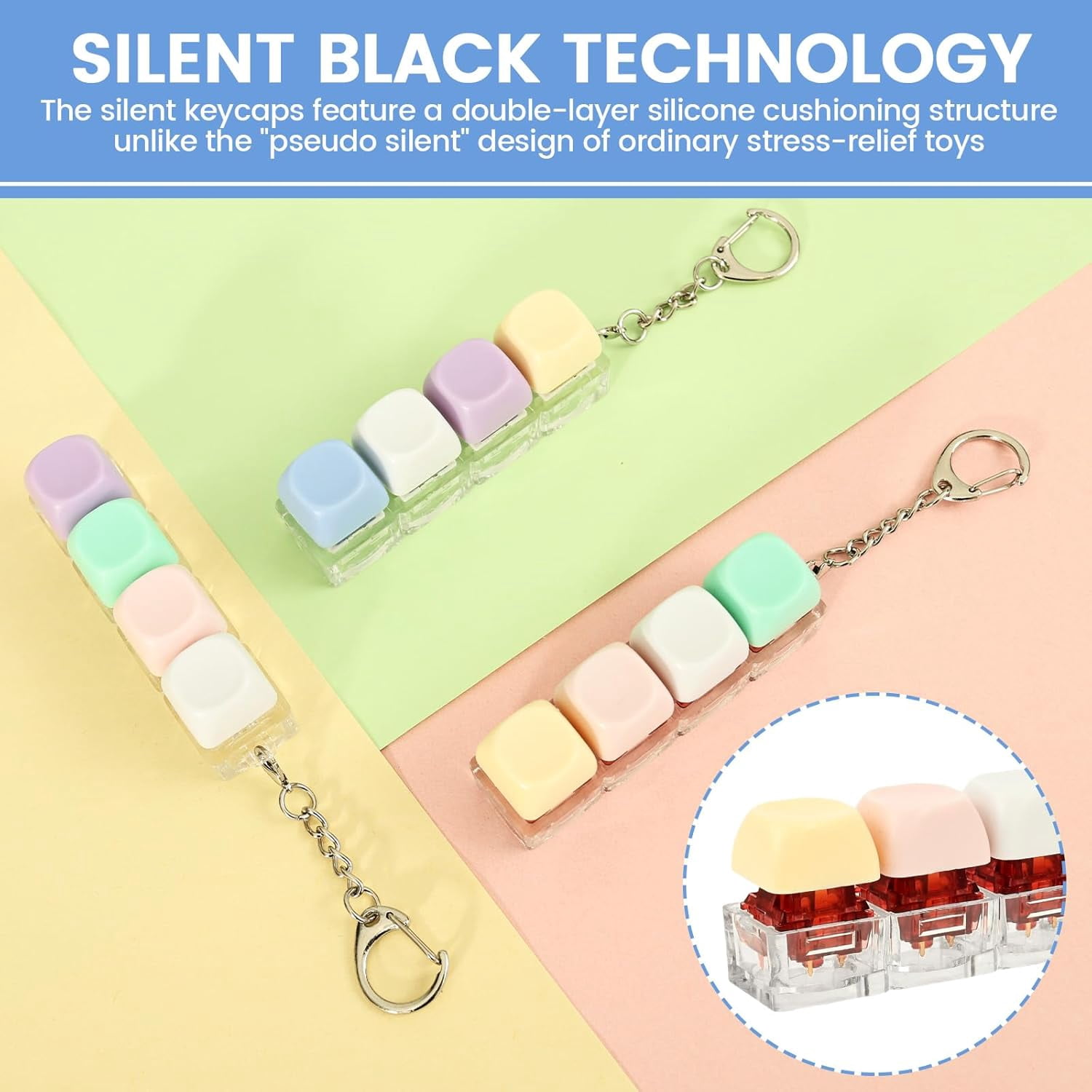 6PCS Creamy Keyboard Fidget, Random Color Clicky & Silent Keyboard Clicker Keychain, Stress Relief Accessory for Bags, Keys and Desk Use