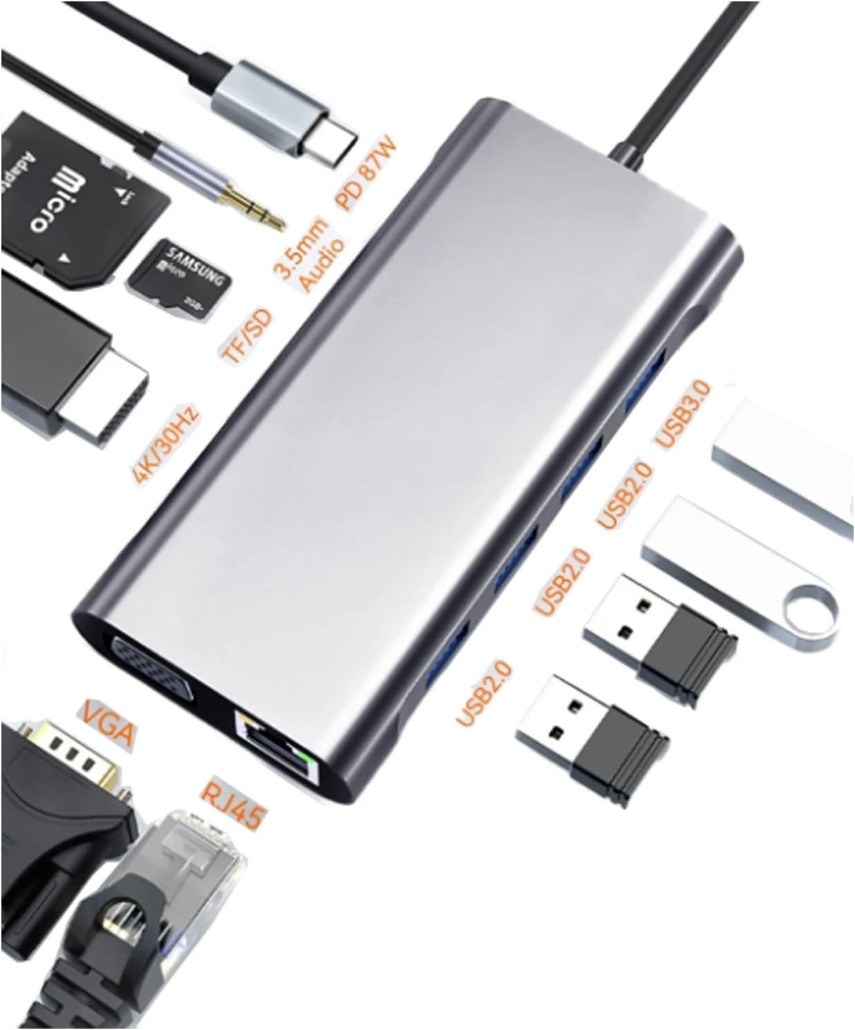 USB C Laptop Docking Station 4K 30Hz Type-C Hub with HDMI, RJ45 Ethernet 1000Mbps , 4 USB Ports, VGA, SD TF, Audio, 100W PD Charging for Type C PC Cell Phone Laptops