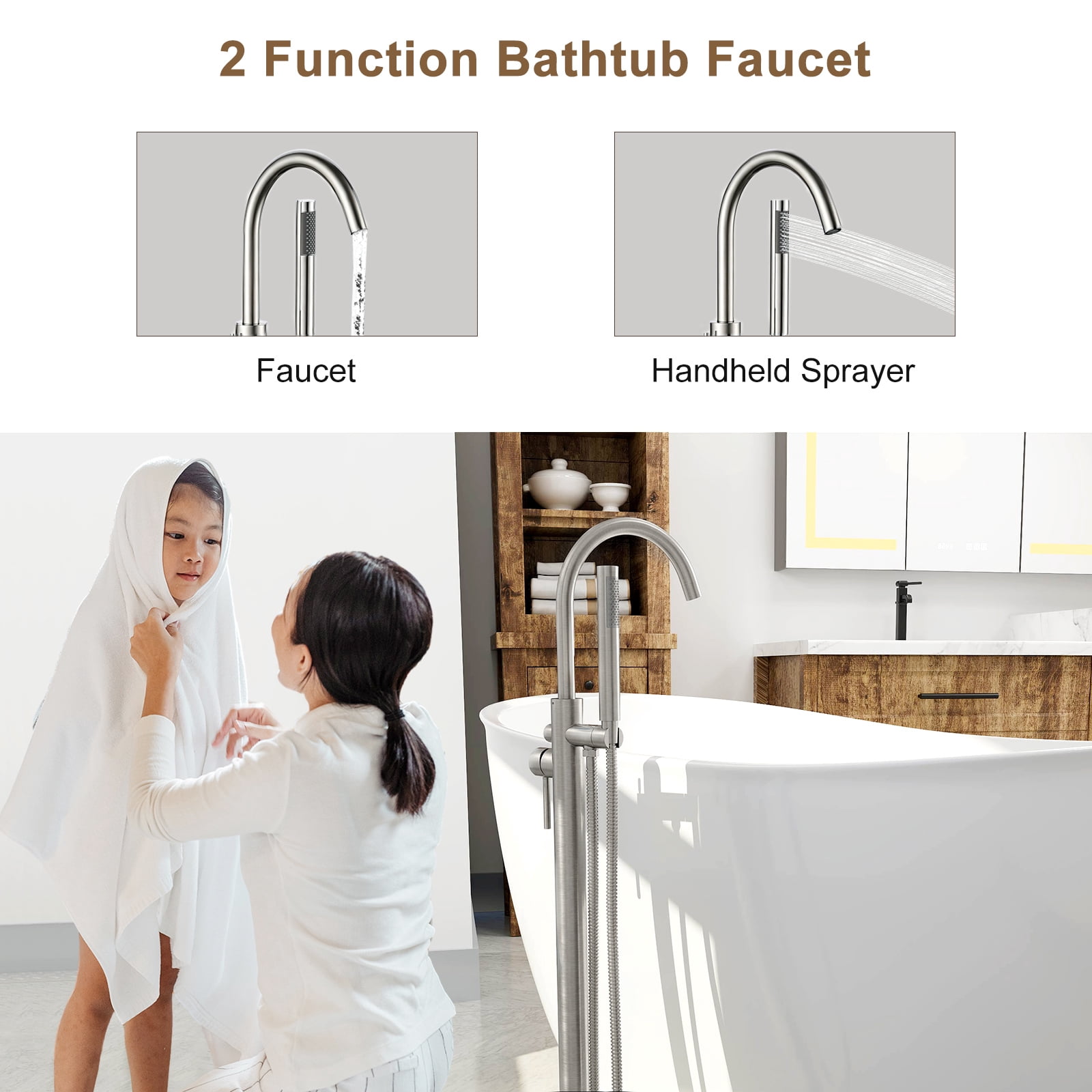 GT Freestanding Tub Faucet, High Flow Independent Free Standing Bathtub Faucet with Handheld Shower & Gooseneck Spout, 360°Swivel Tub Filler, Brass Body, Brushed Nickel