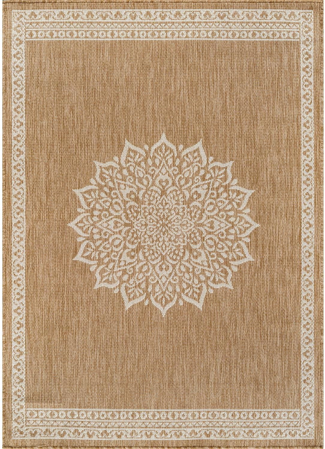 HJTER Outdoor Rug 5x7 Medallion Natural Modern Area Rugs for Indoor and Outdoor Patios Kitchen and Hallway Mats Washable Porch Deck Outside Carpet (Medallion Natural 5 x 7)