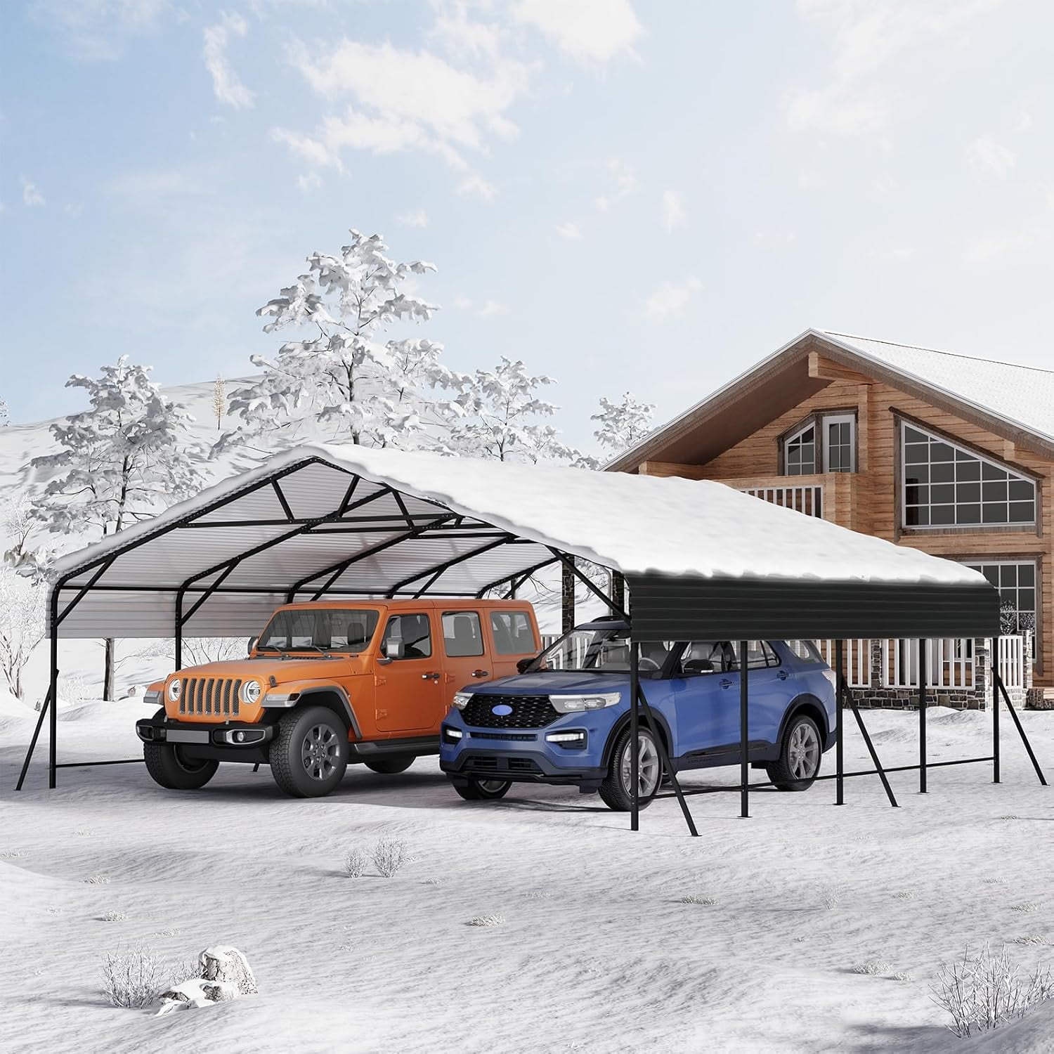 20 x 20 x 9 FT Metal Carport Garage, Heavy Duty Carbon Steel Frame with Metal Roof, Oversized White Outdoor Shelter for 2 Cars, Boats, and Tractors