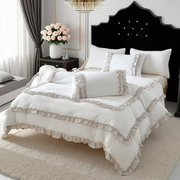 Ruffled Comforter Set 3 Pieces Boho Bedding Set Pleated Ruffle Fringe Shabby Chic Bedding Super Soft Cozy Bed Comforter All Season