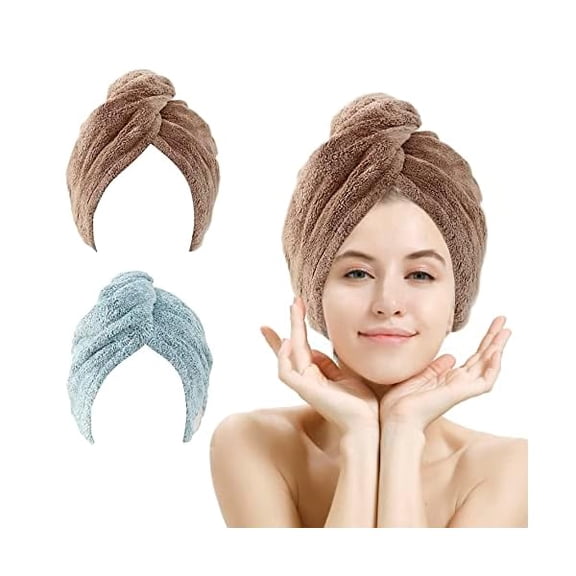 Fu997 2 Pack Hair Drying Towels, Hair Wrap Towels,Absorbent Microfiber Hair Towel Turban with Button Design to Dry Hair Quickly(Star Green&Camel)