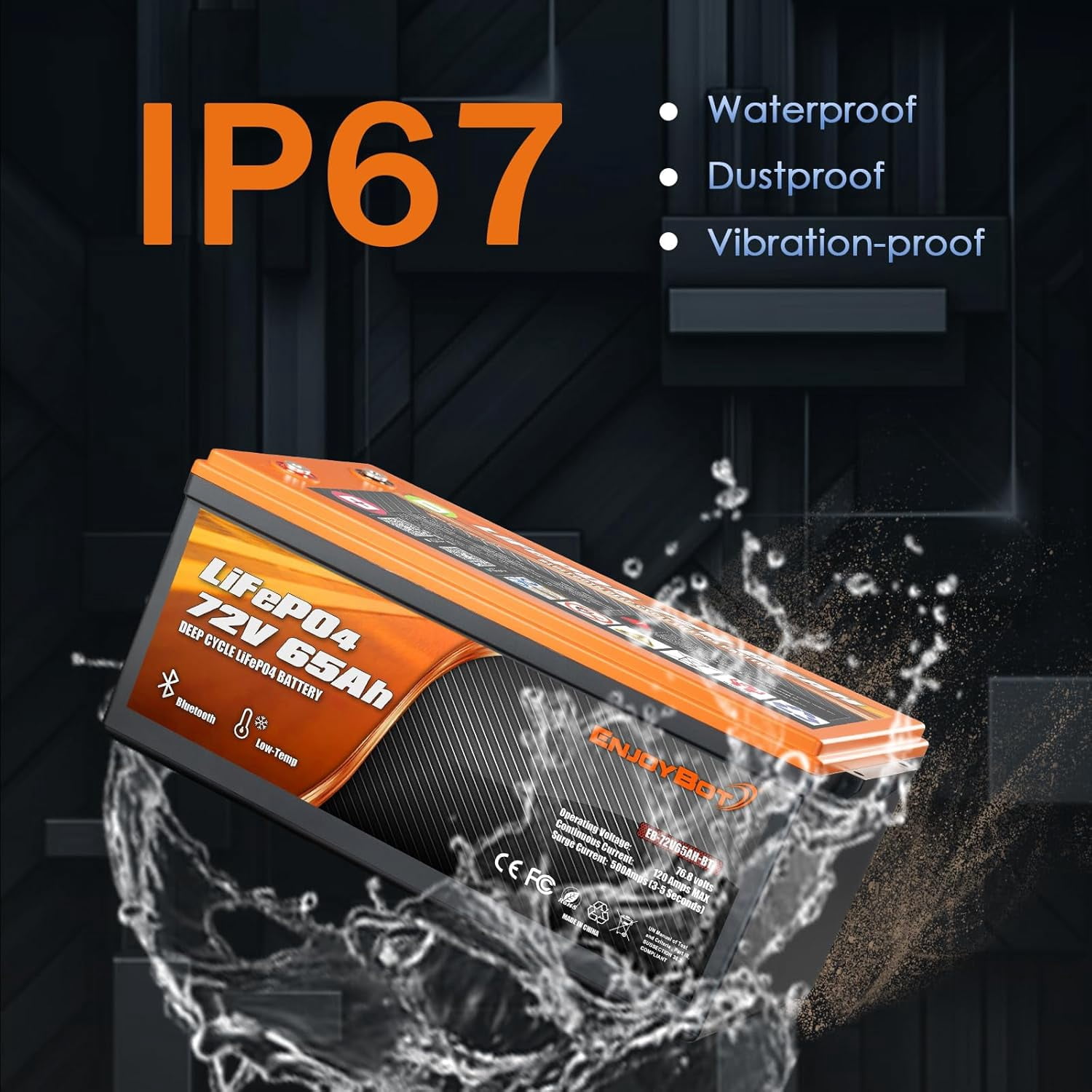 Enjoybot 72V 65Ah LiFePO4 Lithium Battery, 120A BMS Deep Cycle Battery with Bluetooth and Low-Temp Protection, 9216W Output Power, Peak Current 500A for 72V Golf Carts, LSVs, NEVs, Electric UTVs