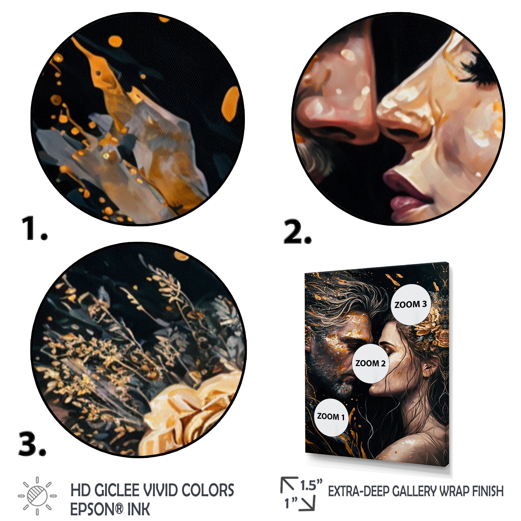 Designart Black And Gold Couple Kissing Art II Canvas Wall Art