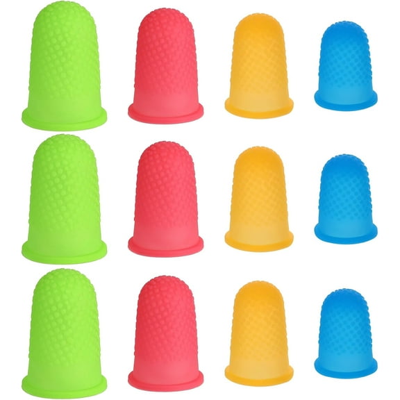 12pcs Rubber Finger Thimbles 4 Sizes Colors Silicone Hot Glue Finger Caps Reusable Thumb Guard Protectors Covers Finger Tip Pads Grips for Paperwork Cutting Money Counting Collating Crafts
