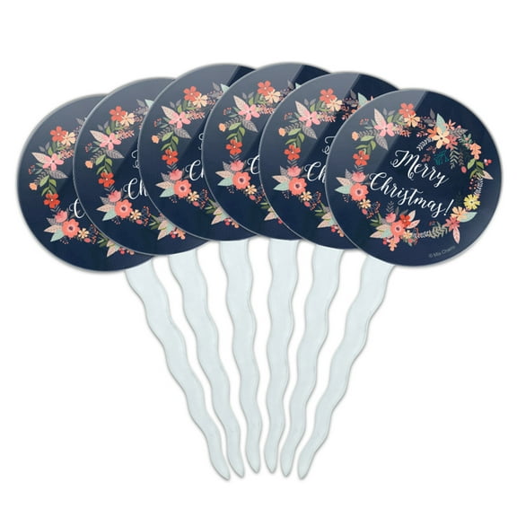 Merry Christmas Snowflakes Wreath Cupcake Picks Toppers Decoration Set of 6