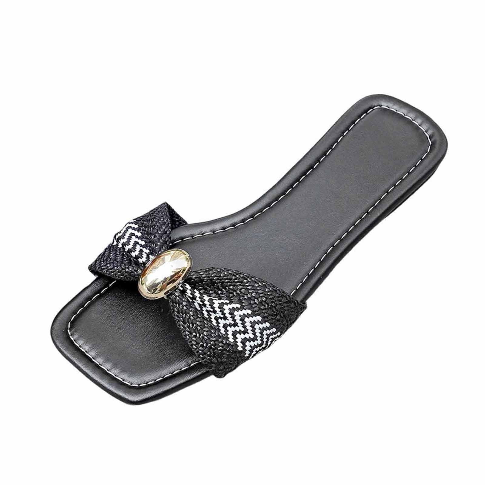 Gpaecead Women Woven Bow Flat Slide Sandals Metal Buckle Soft Fabric Non Slip Spring Summer Casual Shoes,Black