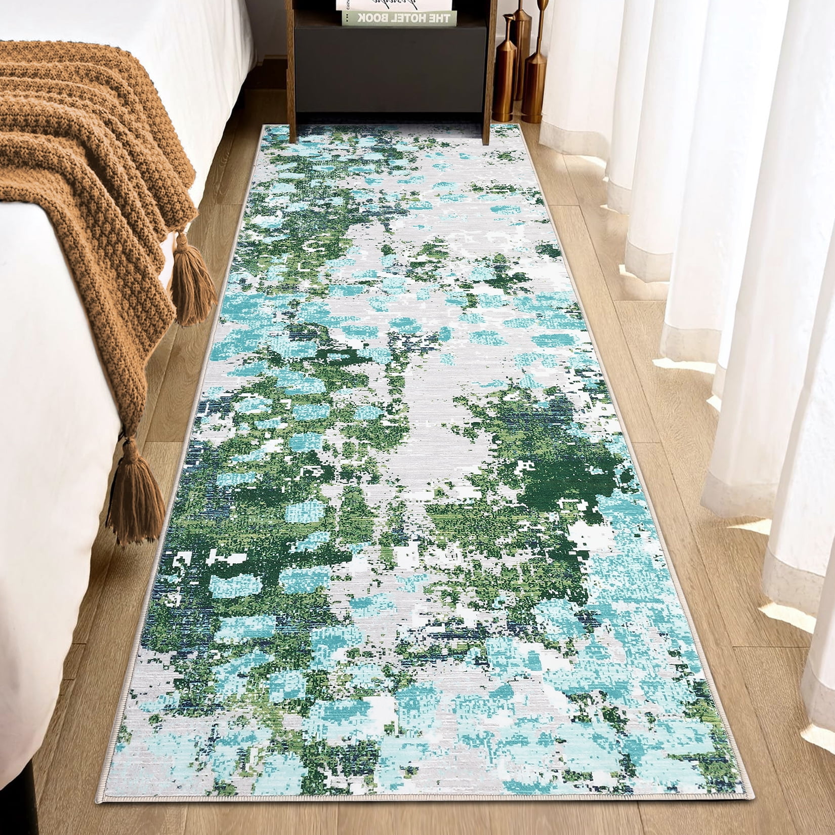 HOMERRY Modern Abstract Washable 2' x 6' Runner Rug Non-Skid Low Pile Green/Gray Kitchen Doormat