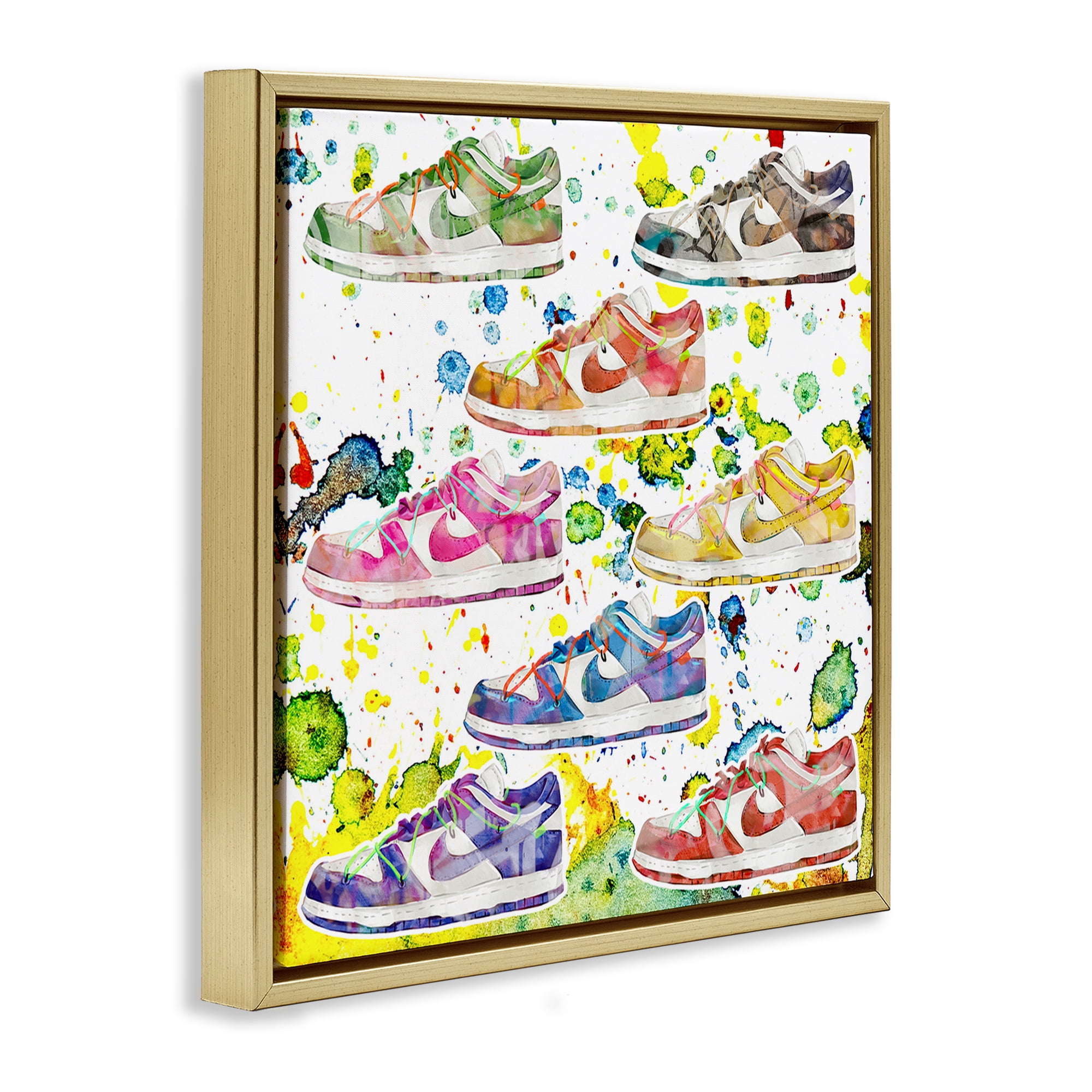 Stupell Industries Paint Splatter Sneakers Beauty & Fashion Painting Gold Floater Framed Art Print Wall Art, 18 x 18